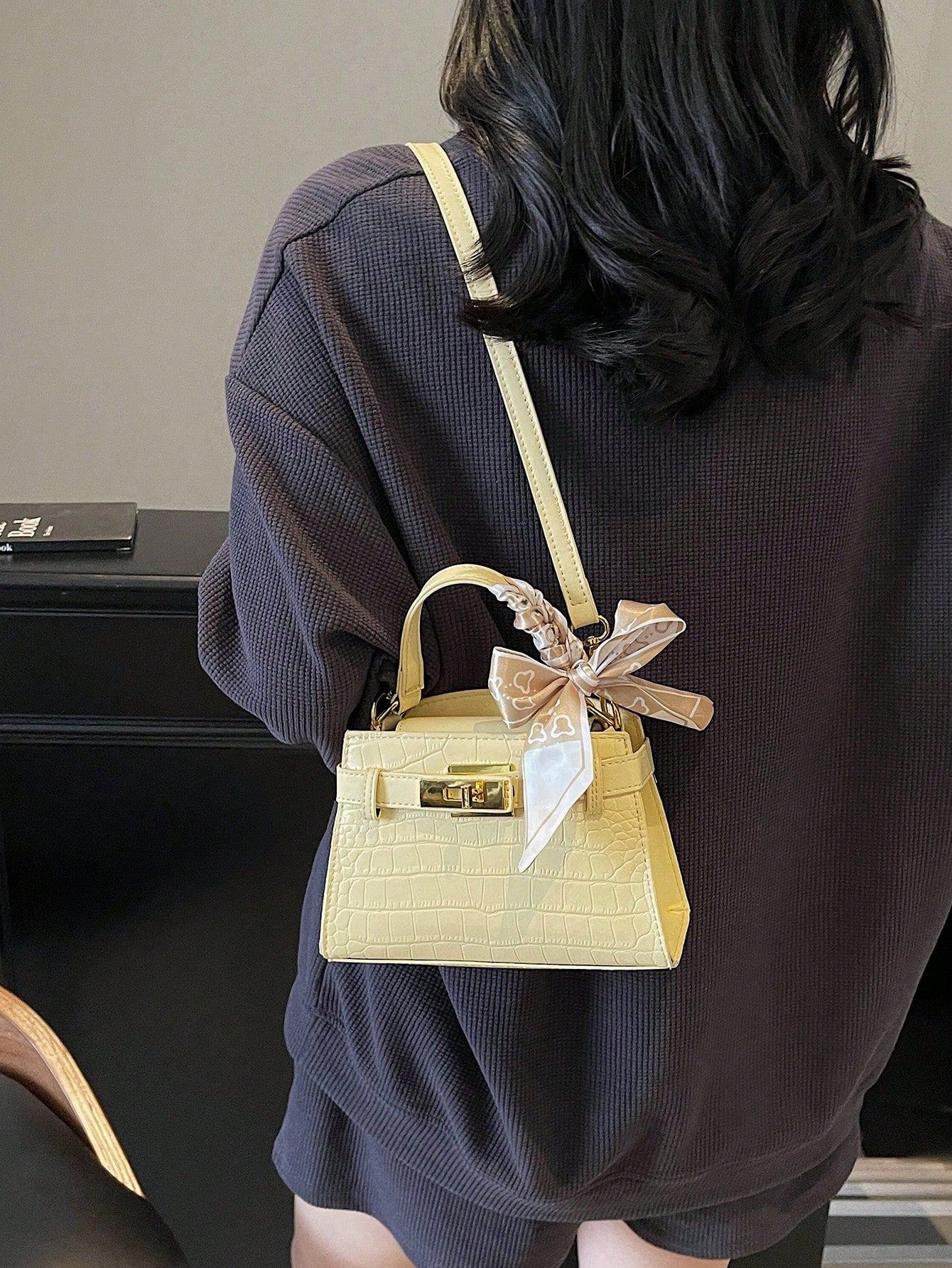 Modern  Silk Scarf Decor Women's Handbag  Unique Crocodile Embossed Fabric Shoulder Bag, Adjustable Strap, Versatile Urban Commuter Style  Yellow