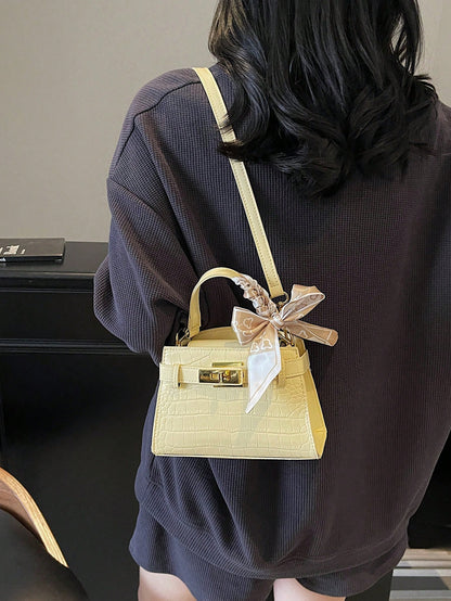 Modern  Silk Scarf Decor Women's Handbag  Unique Crocodile Embossed Fabric Shoulder Bag, Adjustable Strap, Versatile Urban Commuter Style  Yellow