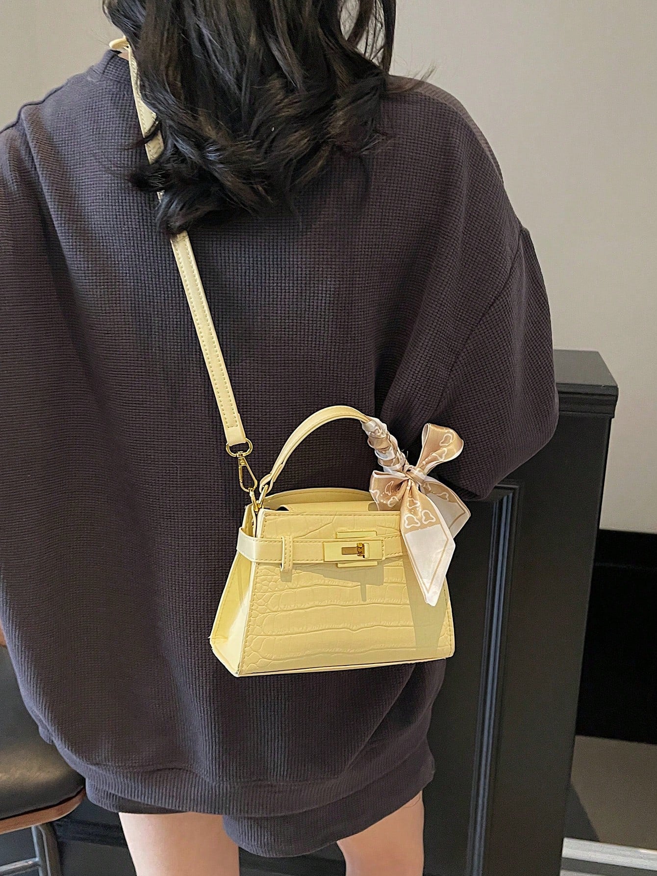 Modern  Silk Scarf Decor Women's Handbag  Unique Crocodile Embossed Fabric Shoulder Bag, Adjustable Strap, Versatile Urban Commuter Style  Yellow