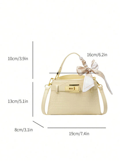 Modern  Silk Scarf Decor Women's Handbag  Unique Crocodile Embossed Fabric Shoulder Bag, Adjustable Strap, Versatile Urban Commuter Style  Yellow