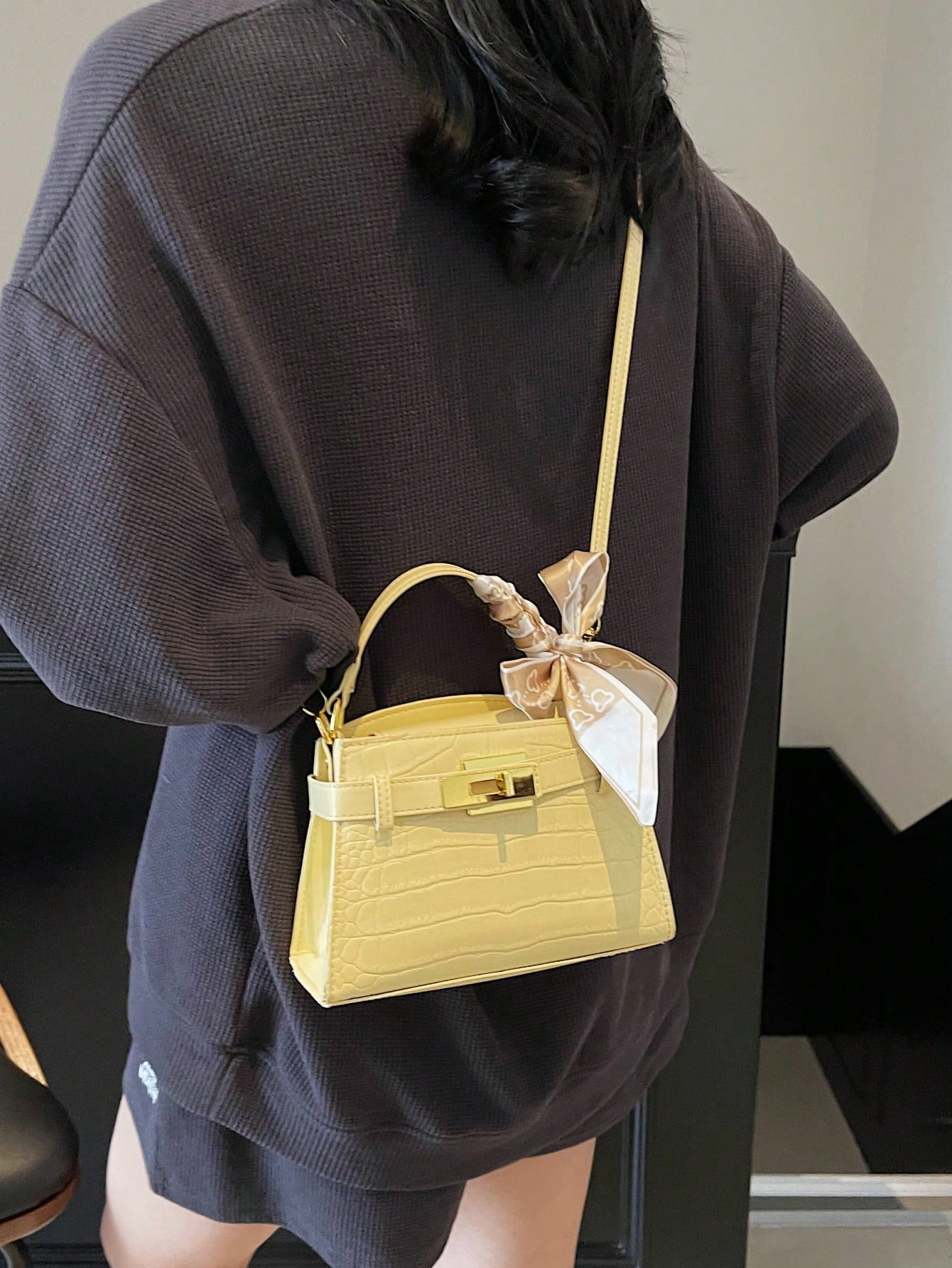 Modern  Silk Scarf Decor Women's Handbag  Unique Crocodile Embossed Fabric Shoulder Bag, Adjustable Strap, Versatile Urban Commuter Style  Yellow