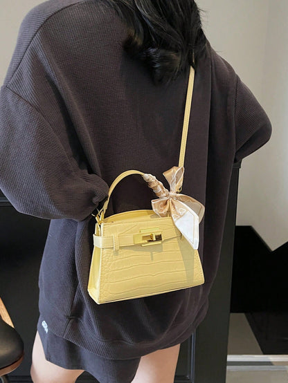 Modern  Silk Scarf Decor Women's Handbag  Unique Crocodile Embossed Fabric Shoulder Bag, Adjustable Strap, Versatile Urban Commuter Style  Yellow
