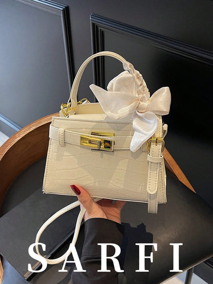 Modern  Silk Scarf Decor Women's Handbag  Unique Crocodile Embossed Fabric Shoulder Bag, Adjustable Strap, Versatile Urban Commuter Style  Yellow