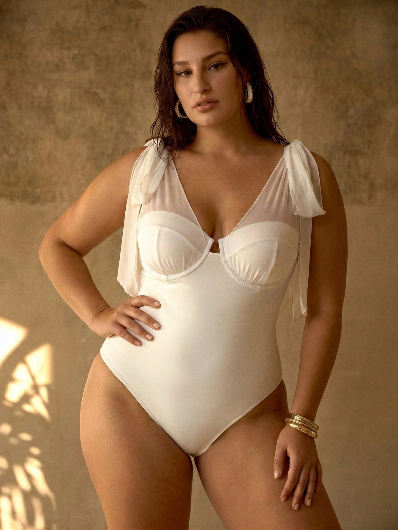 MOTF PREMIUM PLUS SIZE ELEGANT MESH PATCHWORK BOW TIE STRAP ONE-PIECE SWIMSUIT, FLOWY & GRACEFUL FOR BEACH VACATION