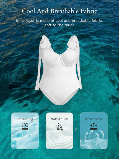 MOTF PREMIUM PLUS SIZE ELEGANT MESH PATCHWORK BOW TIE STRAP ONE-PIECE SWIMSUIT, FLOWY & GRACEFUL FOR BEACH VACATION