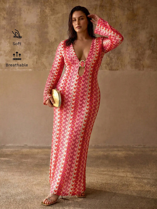 MOTF PREMIUM PLUS SIZE WOMEN'S BOHEMIAN VACATION BEACH COVER-UP DRESS, LARGE U-NECK WITH FRONT METAL DECOR, FLARE SLEEVES, RELAXED ELEGANT STYLE, MULTI-COLOR STRIPED TEXTURED FABRIC DRESS