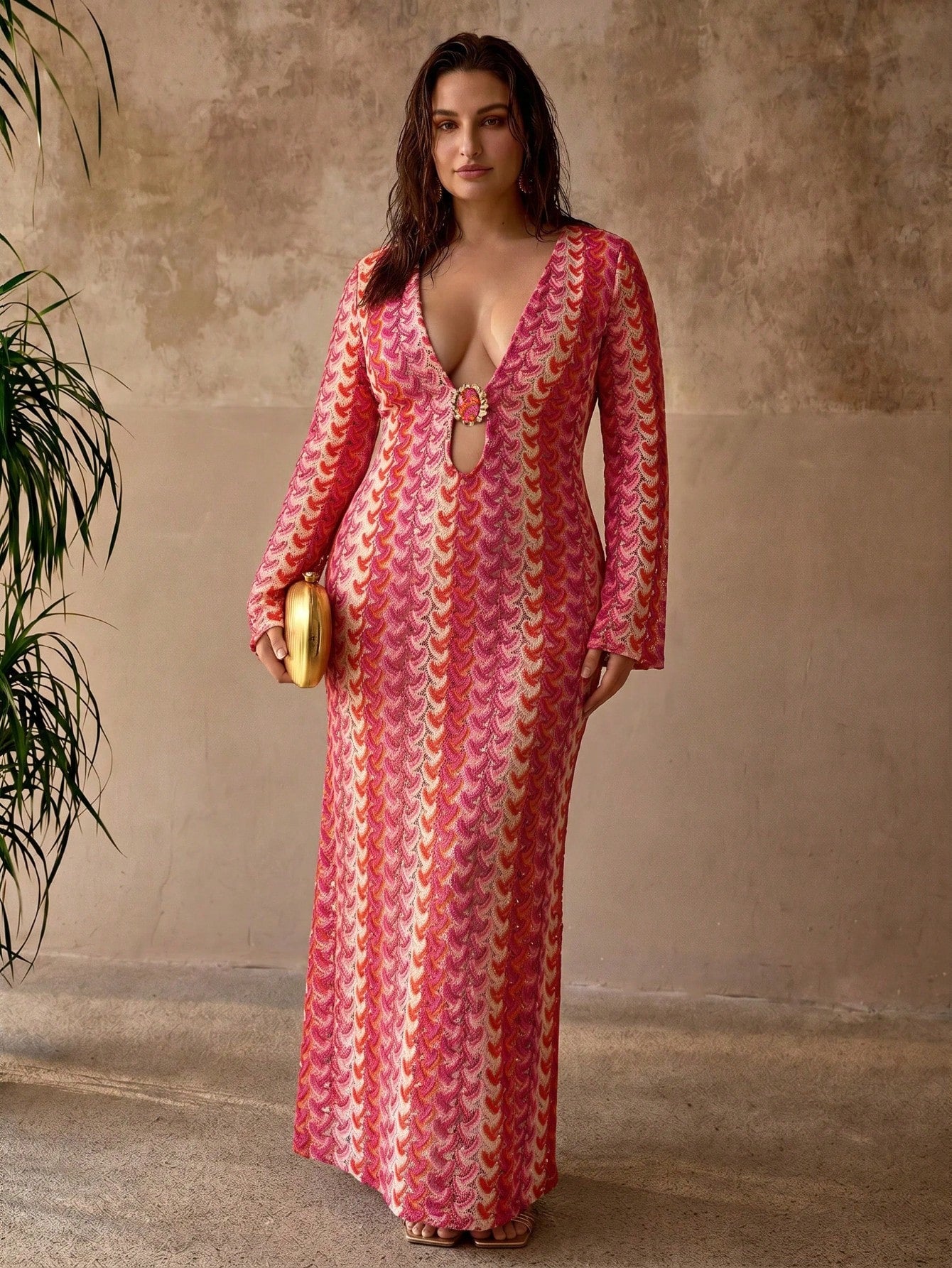 MOTF PREMIUM PLUS SIZE WOMEN'S BOHEMIAN VACATION BEACH COVER-UP DRESS, LARGE U-NECK WITH FRONT METAL DECOR, FLARE SLEEVES, RELAXED ELEGANT STYLE, MULTI-COLOR STRIPED TEXTURED FABRIC DRESS