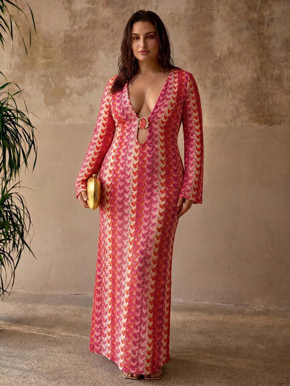 MOTF PREMIUM PLUS SIZE WOMEN'S BOHEMIAN VACATION BEACH COVER-UP DRESS, LARGE U-NECK WITH FRONT METAL DECOR, FLARE SLEEVES, RELAXED ELEGANT STYLE, MULTI-COLOR STRIPED TEXTURED FABRIC DRESS