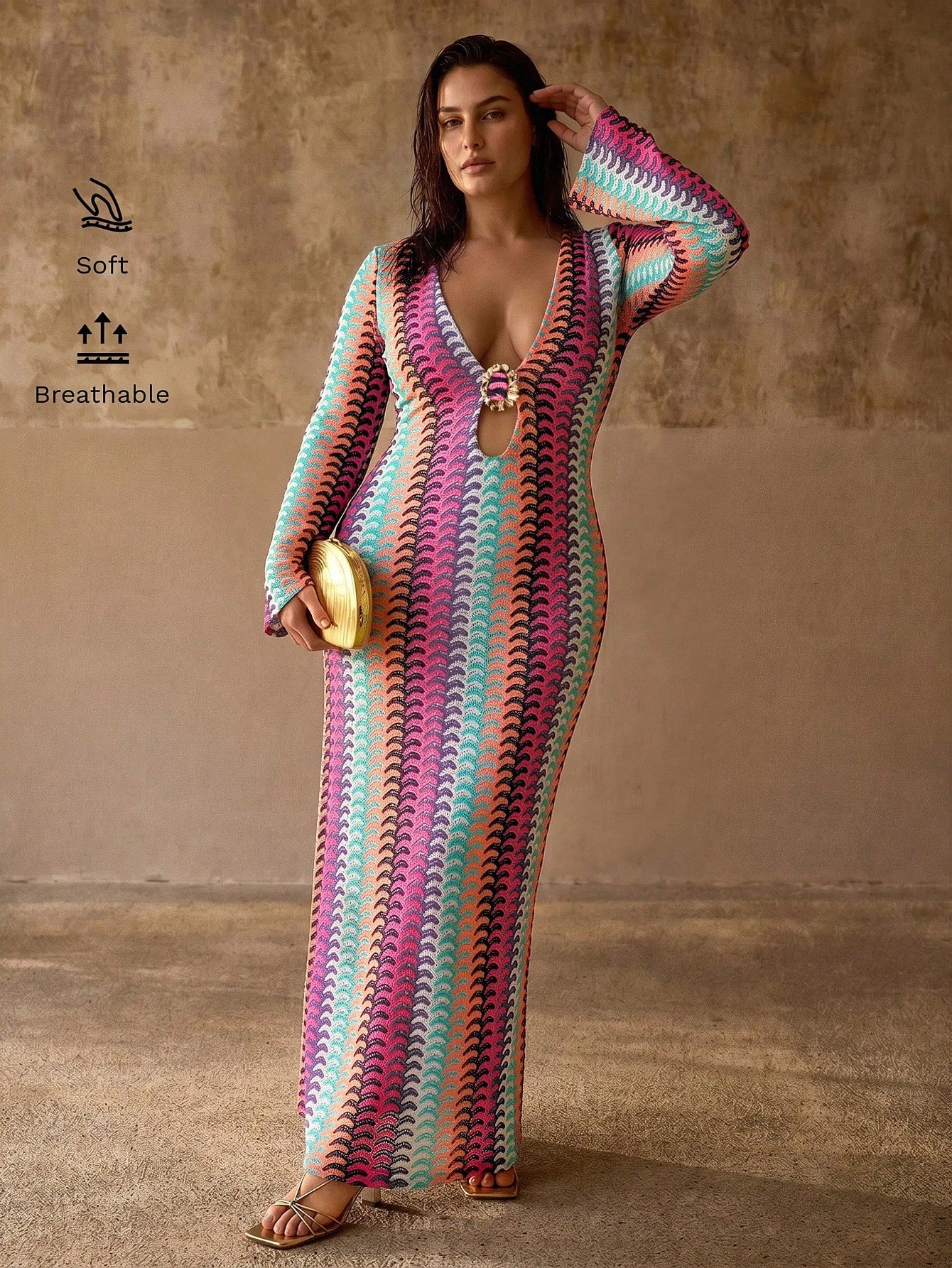 MOTF PREMIUM PLUS SIZE WOMEN'S DEEP V-NECK METAL DECOR FLARED SLEEVE BOHEMIAN CASUAL ELEGANT BEACH COVER-UP DRESS, MULTI-COLOR STRIPED TEXTURED