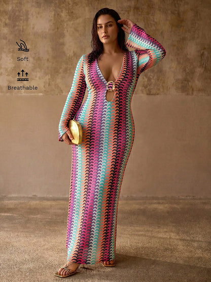 MOTF PREMIUM PLUS SIZE WOMEN'S DEEP V-NECK METAL DECOR FLARED SLEEVE BOHEMIAN CASUAL ELEGANT BEACH COVER-UP DRESS, MULTI-COLOR STRIPED TEXTURED