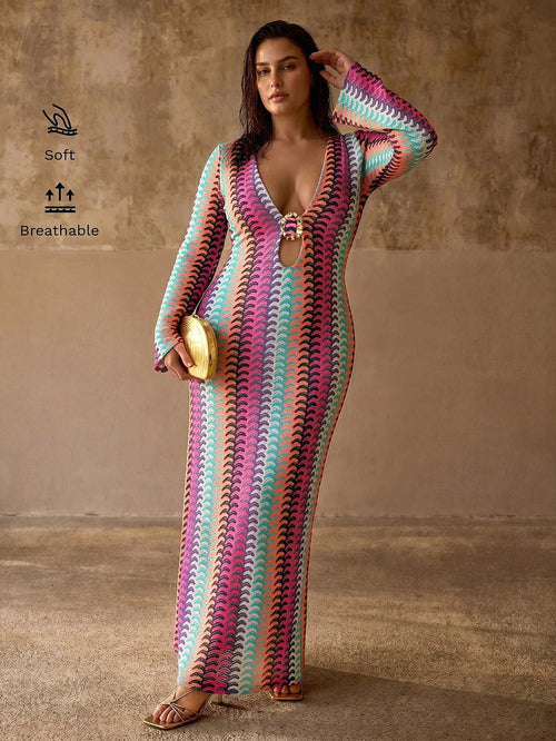 MOTF PREMIUM PLUS SIZE WOMEN'S DEEP V-NECK METAL DECOR FLARED SLEEVE BOHEMIAN CASUAL ELEGANT BEACH COVER-UP DRESS, MULTI-COLOR STRIPED TEXTURED