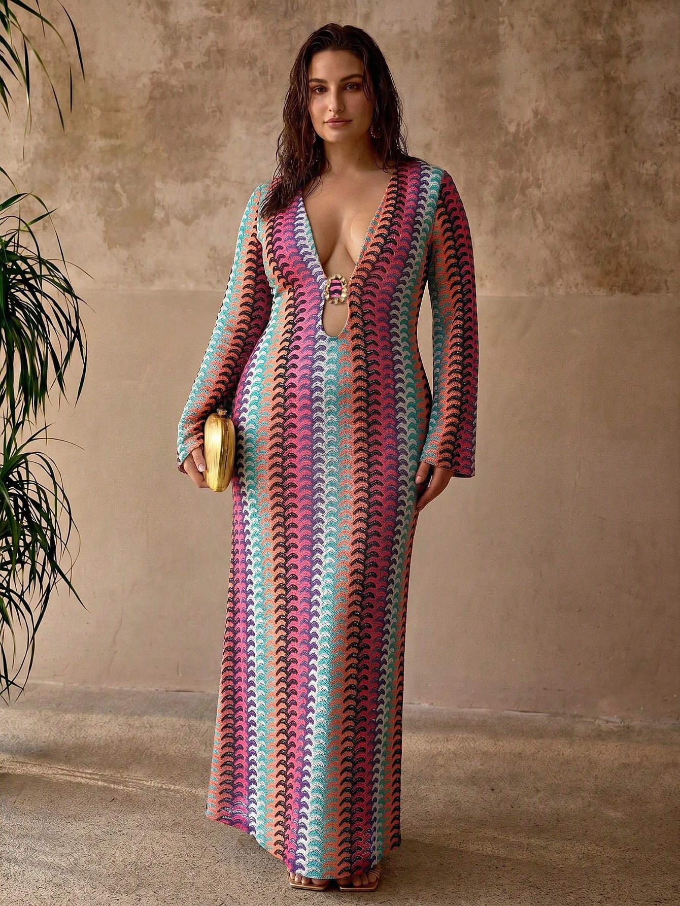 MOTF PREMIUM PLUS SIZE WOMEN'S DEEP V-NECK METAL DECOR FLARED SLEEVE BOHEMIAN CASUAL ELEGANT BEACH COVER-UP DRESS, MULTI-COLOR STRIPED TEXTURED