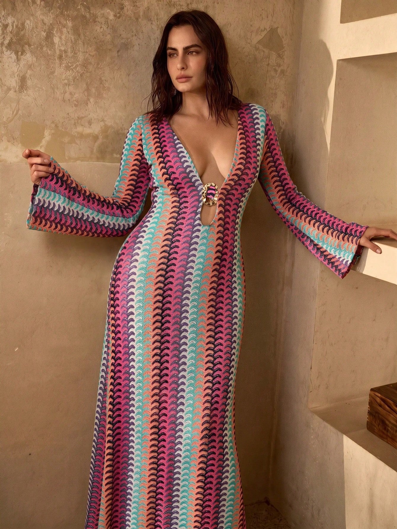MOTF PREMIUM PLUS SIZE WOMEN'S DEEP V-NECK METAL DECOR FLARED SLEEVE BOHEMIAN CASUAL ELEGANT BEACH COVER-UP DRESS, MULTI-COLOR STRIPED TEXTURED