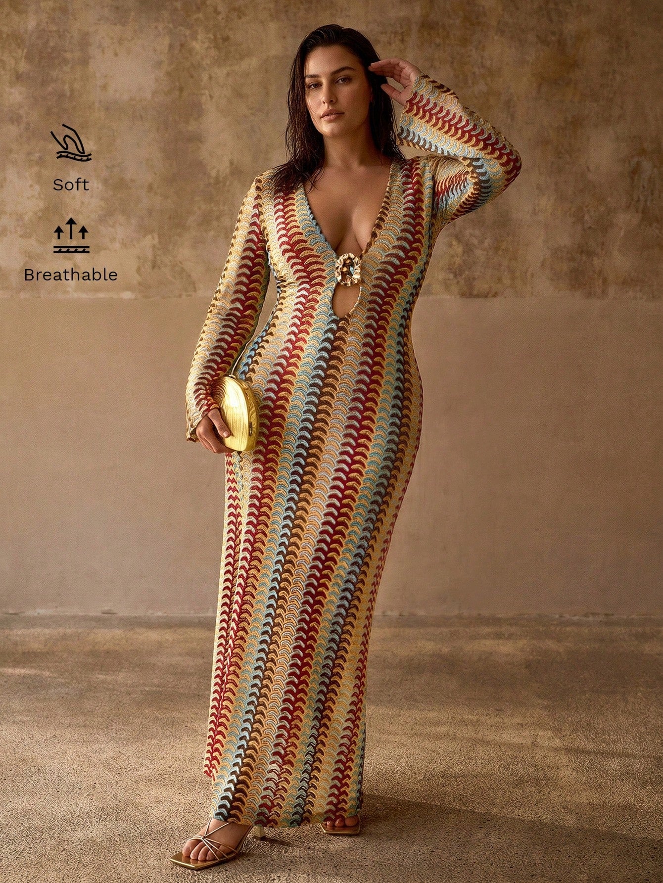 MOTF PREMIUM PLUS SIZE WOMEN'S DEEP V-NECK METAL DECOR FLARED SLEEVE BOHEMIAN CASUAL ELEGANT BEACH COVER-UP DRESS, MULTI-COLOR STRIPED TEXTURED