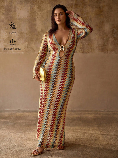 MOTF PREMIUM PLUS SIZE WOMEN'S DEEP V-NECK METAL DECOR FLARED SLEEVE BOHEMIAN CASUAL ELEGANT BEACH COVER-UP DRESS, MULTI-COLOR STRIPED TEXTURED