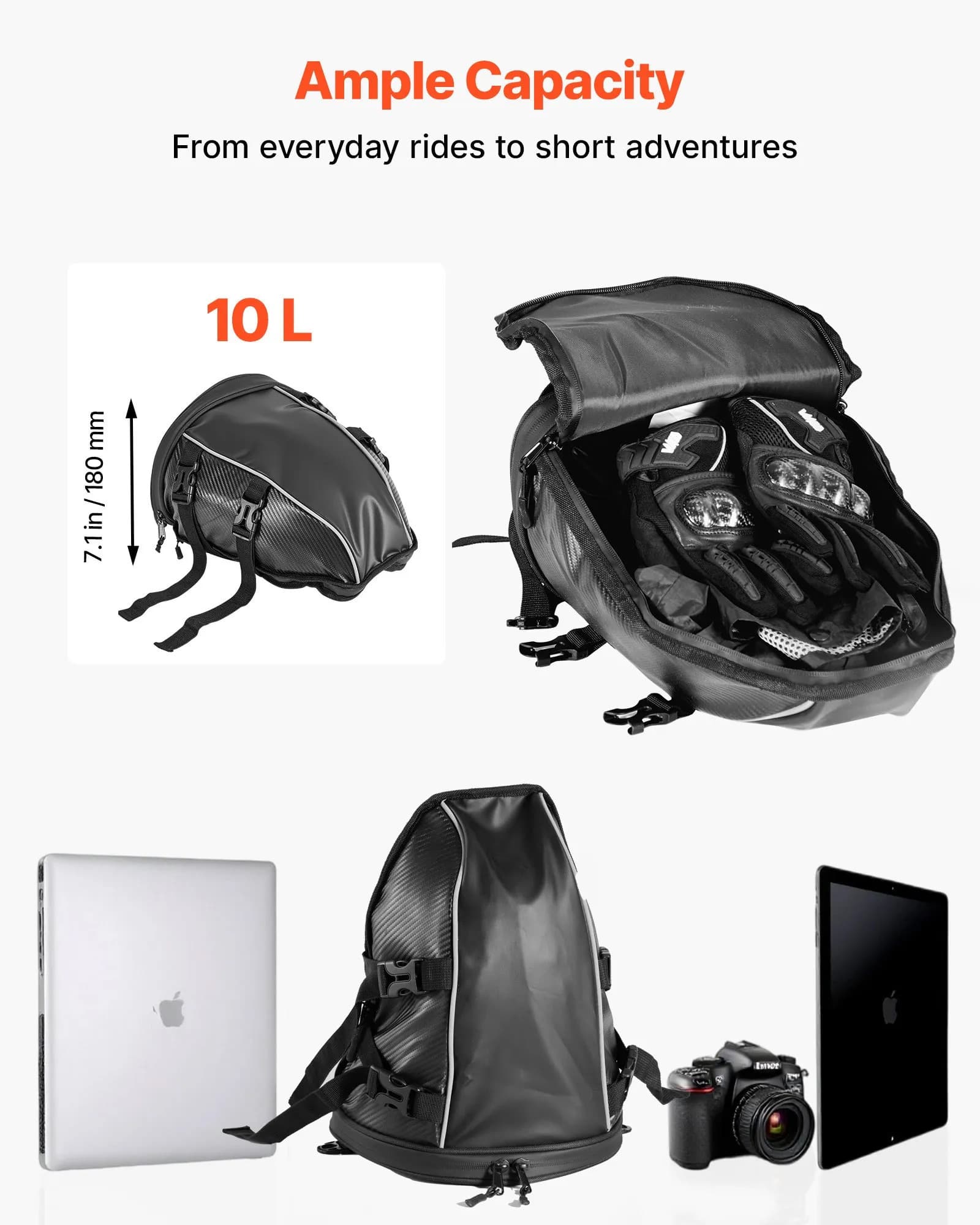 Motorcycle Tail Bag, 10 L Motorcycle Rear Seat Bag With Waterproof Rain Cover, Outdoor Sports Motorbike Luggage Storage Trunk Rack Backpack Handbag With Shoulder Strap And Inner Pocket, Black