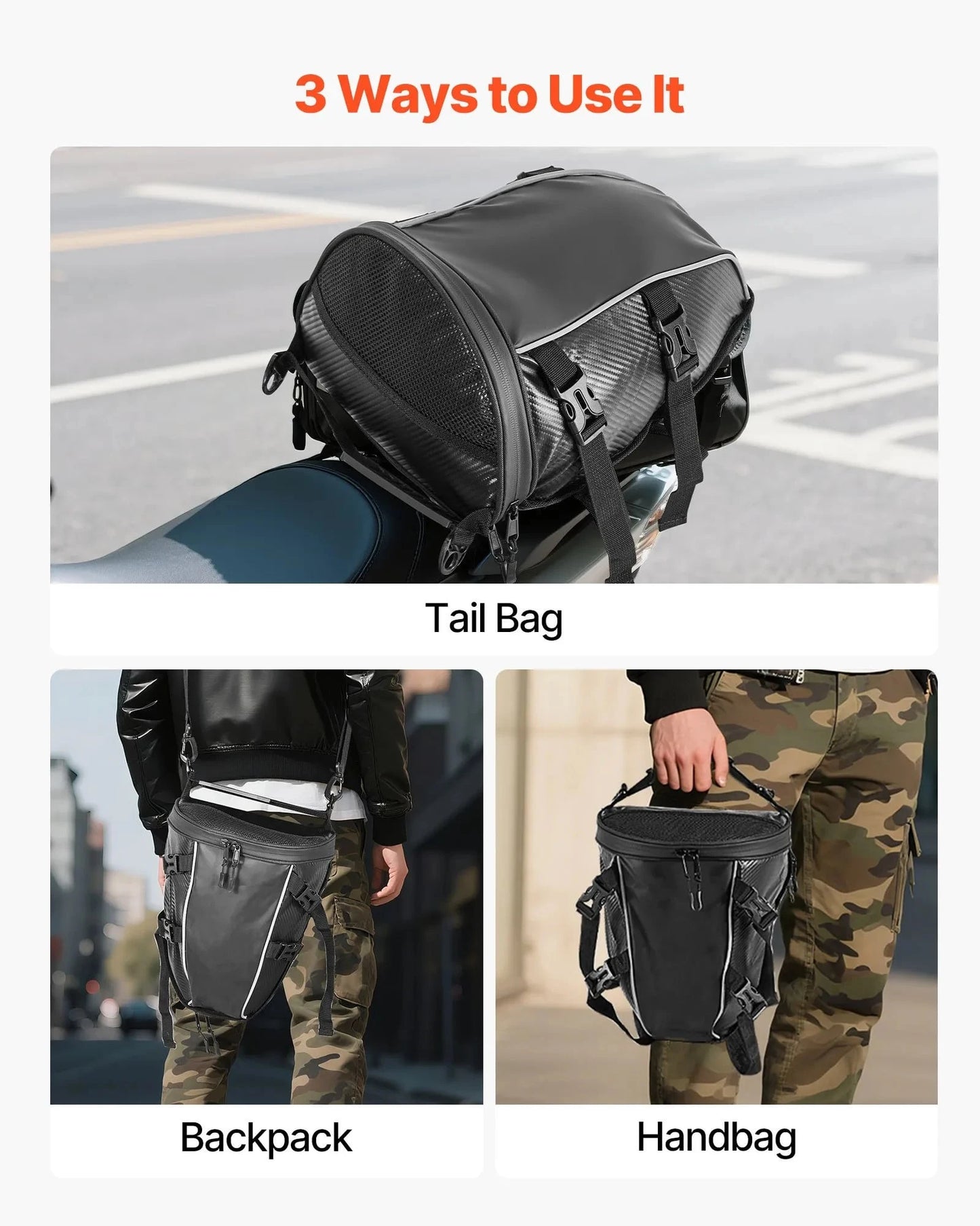 Motorcycle Tail Bag, 10 L Motorcycle Rear Seat Bag With Waterproof Rain Cover, Outdoor Sports Motorbike Luggage Storage Trunk Rack Backpack Handbag With Shoulder Strap And Inner Pocket, Black