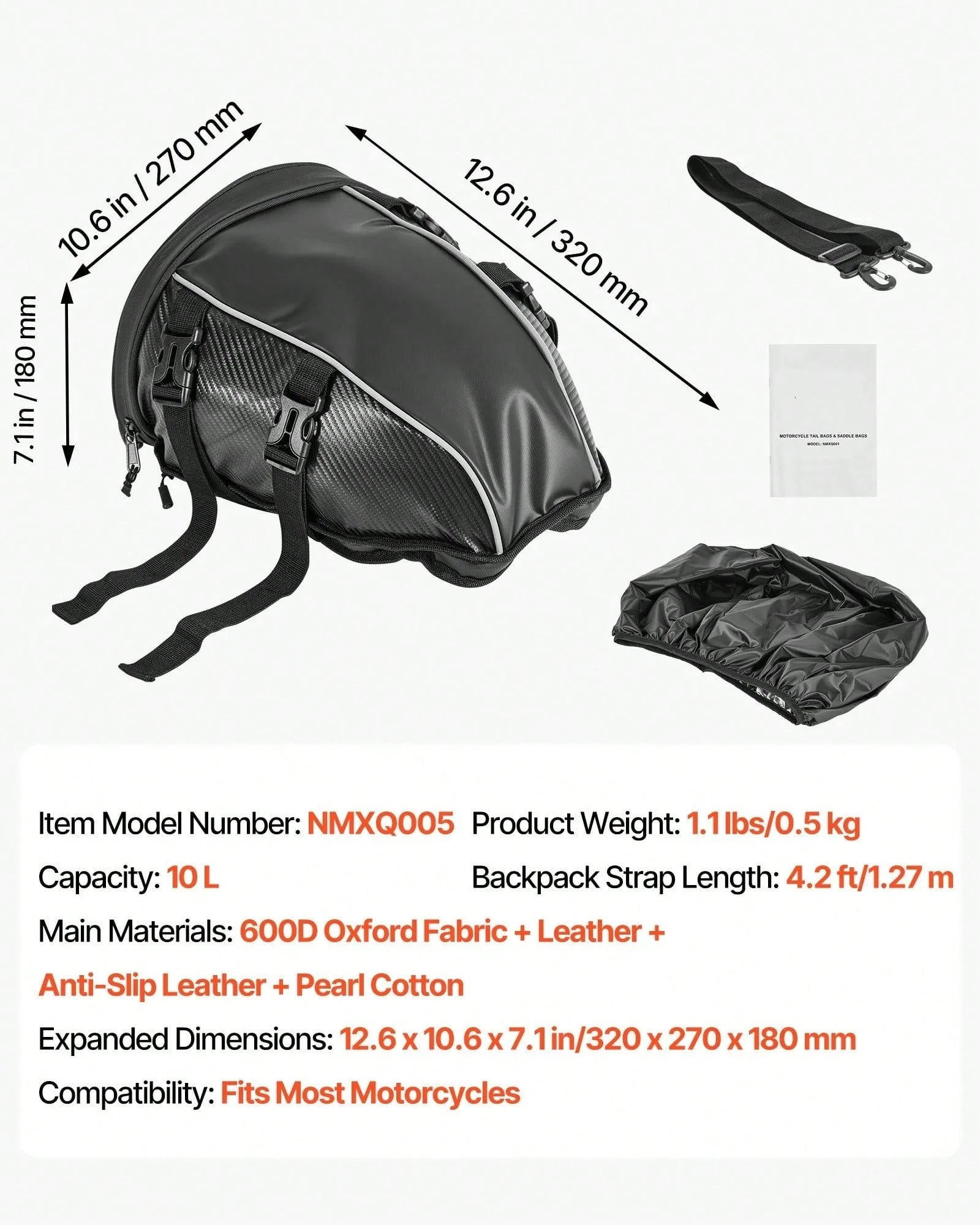 Motorcycle Tail Bag, 10 L Motorcycle Rear Seat Bag With Waterproof Rain Cover, Outdoor Sports Motorbike Luggage Storage Trunk Rack Backpack Handbag With Shoulder Strap And Inner Pocket, Black