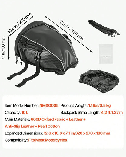 Motorcycle Tail Bag, 10 L Motorcycle Rear Seat Bag With Waterproof Rain Cover, Outdoor Sports Motorbike Luggage Storage Trunk Rack Backpack Handbag With Shoulder Strap And Inner Pocket, Black