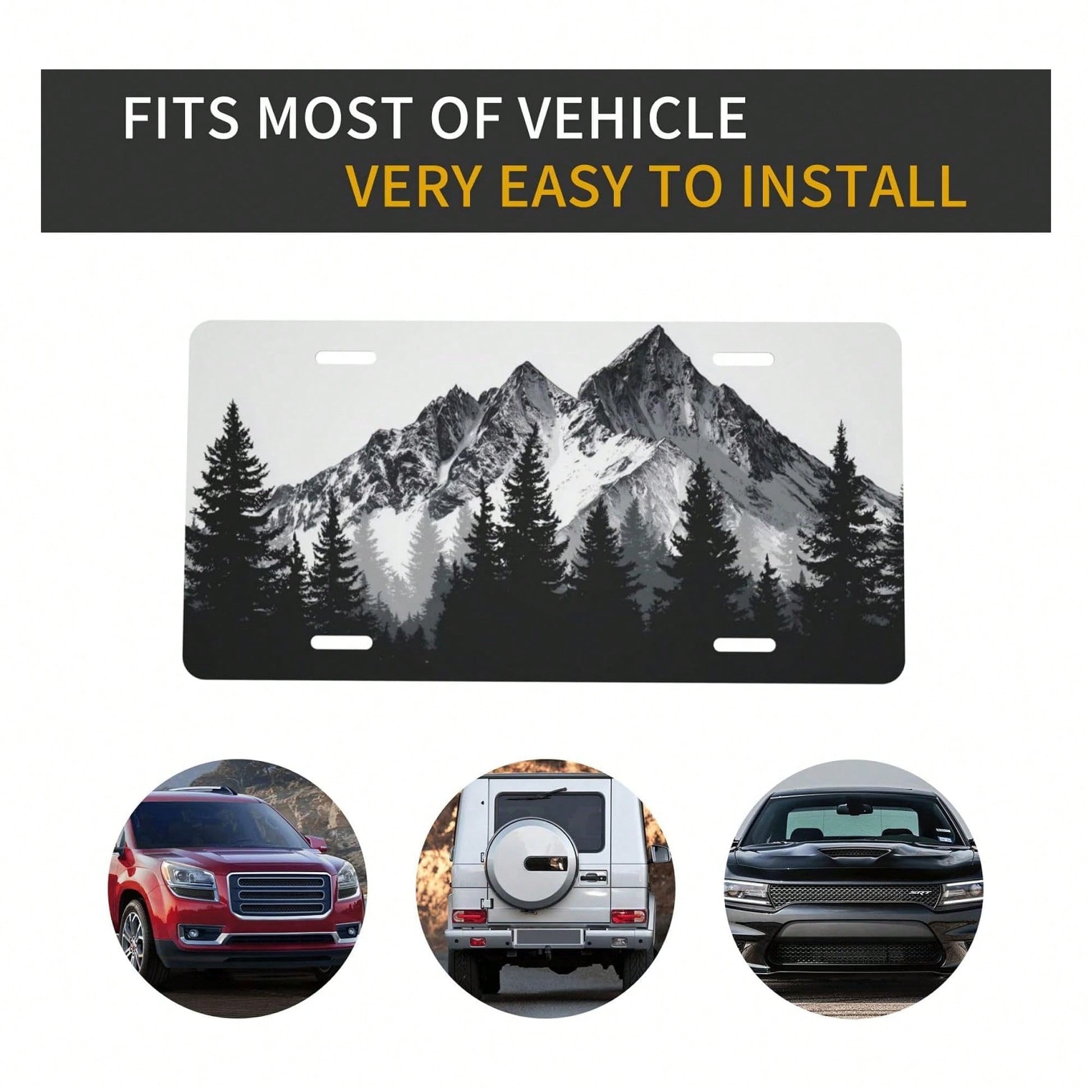 Mountain Front License Plate Cover,Funny Aluminum Metal Car Accessory Rust-Proof US Novelty Vanity Tag Decor For Men & Women With 4 Holes 6 * 12 In Car Decor Accessory