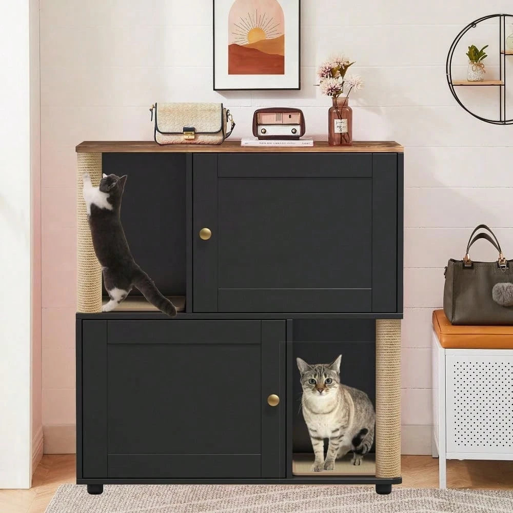 mteryoing Cat Litter Box Enclosure For 2 Cats, Double Hidden Litter Box Furniture Cabinet With 2 Scratch Mat And Scratch Post, Modern Farmhouse Wooden Enclosed Cat Washroom, End Side Table