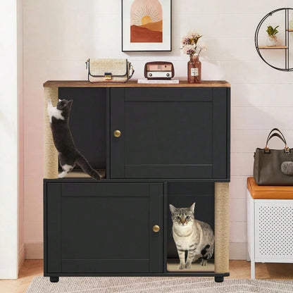 mteryoing Cat Litter Box Enclosure For 2 Cats, Double Hidden Litter Box Furniture Cabinet With 2 Scratch Mat And Scratch Post, Modern Farmhouse Wooden Enclosed Cat Washroom, End Side Table