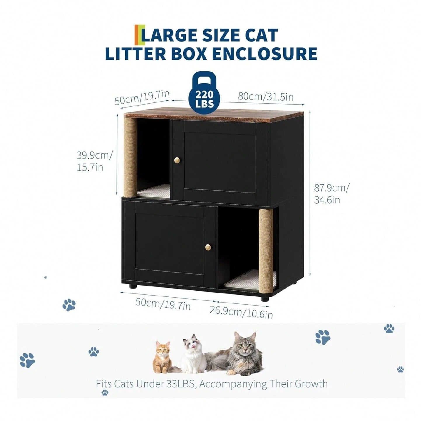 mteryoing Cat Litter Box Enclosure For 2 Cats, Double Hidden Litter Box Furniture Cabinet With 2 Scratch Mat And Scratch Post, Modern Farmhouse Wooden Enclosed Cat Washroom, End Side Table