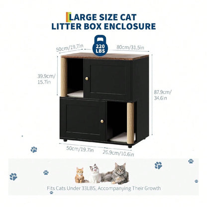 mteryoing Cat Litter Box Enclosure For 2 Cats, Double Hidden Litter Box Furniture Cabinet With 2 Scratch Mat And Scratch Post, Modern Farmhouse Wooden Enclosed Cat Washroom, End Side Table
