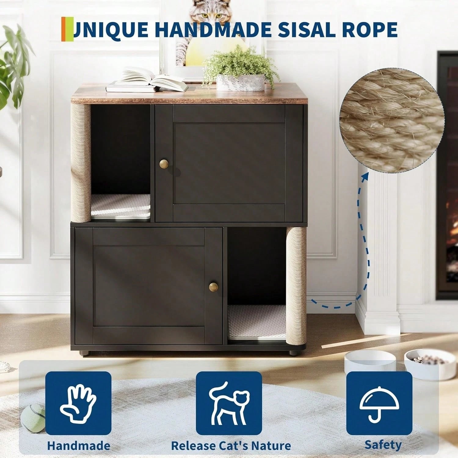 mteryoing Cat Litter Box Enclosure For 2 Cats, Double Hidden Litter Box Furniture Cabinet With 2 Scratch Mat And Scratch Post, Modern Farmhouse Wooden Enclosed Cat Washroom, End Side Table