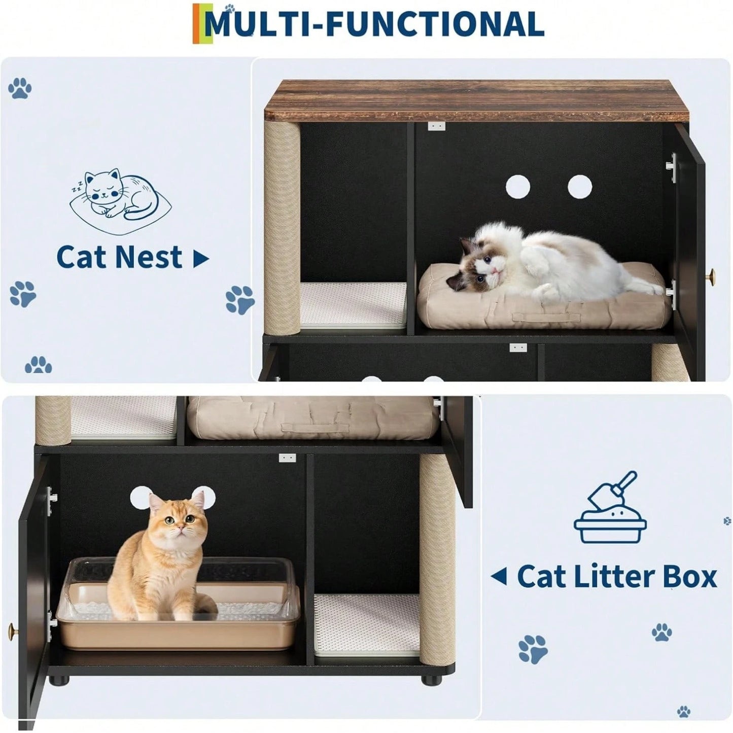 mteryoing Cat Litter Box Enclosure For 2 Cats, Double Hidden Litter Box Furniture Cabinet With 2 Scratch Mat And Scratch Post, Modern Farmhouse Wooden Enclosed Cat Washroom, End Side Table