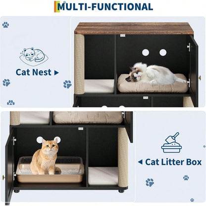 mteryoing Cat Litter Box Enclosure For 2 Cats, Double Hidden Litter Box Furniture Cabinet With 2 Scratch Mat And Scratch Post, Modern Farmhouse Wooden Enclosed Cat Washroom, End Side Table