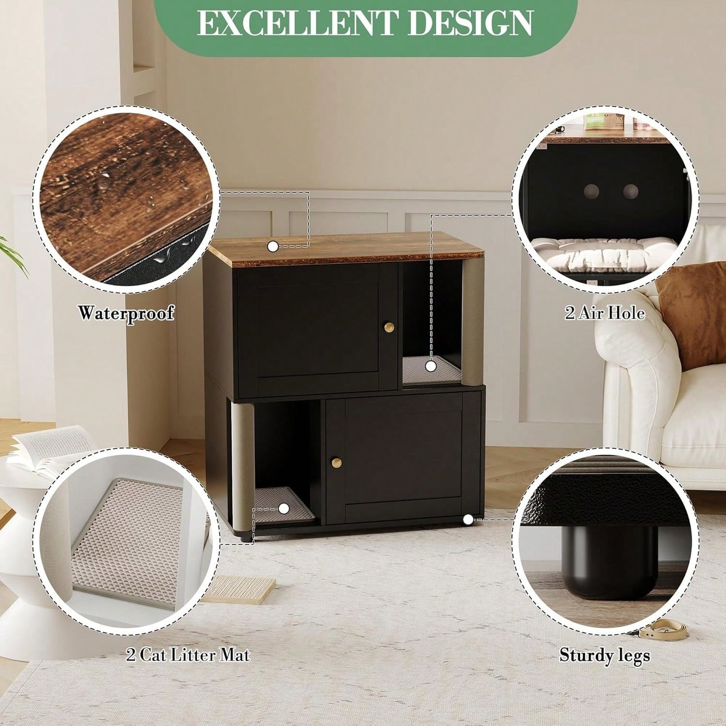 mteryoing Cat Litter Box Enclosure For 2 Cats, Double Hidden Litter Box Furniture Cabinet With 2 Scratch Mat And Scratch Post, Modern Farmhouse Wooden Enclosed Cat Washroom, End Side Table
