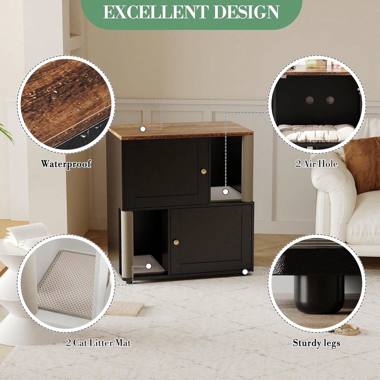 mteryoing Cat Litter Box Enclosure For 2 Cats, Double Hidden Litter Box Furniture Cabinet With 2 Scratch Mat And Scratch Post, Modern Farmhouse Wooden Enclosed Cat Washroom, End Side Table