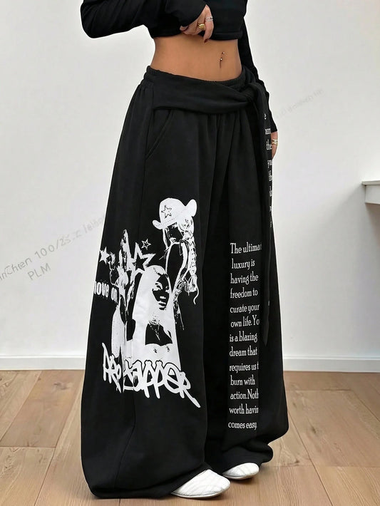 Muchica Letter & Portrait Graphic Casual Wide Leg Pants