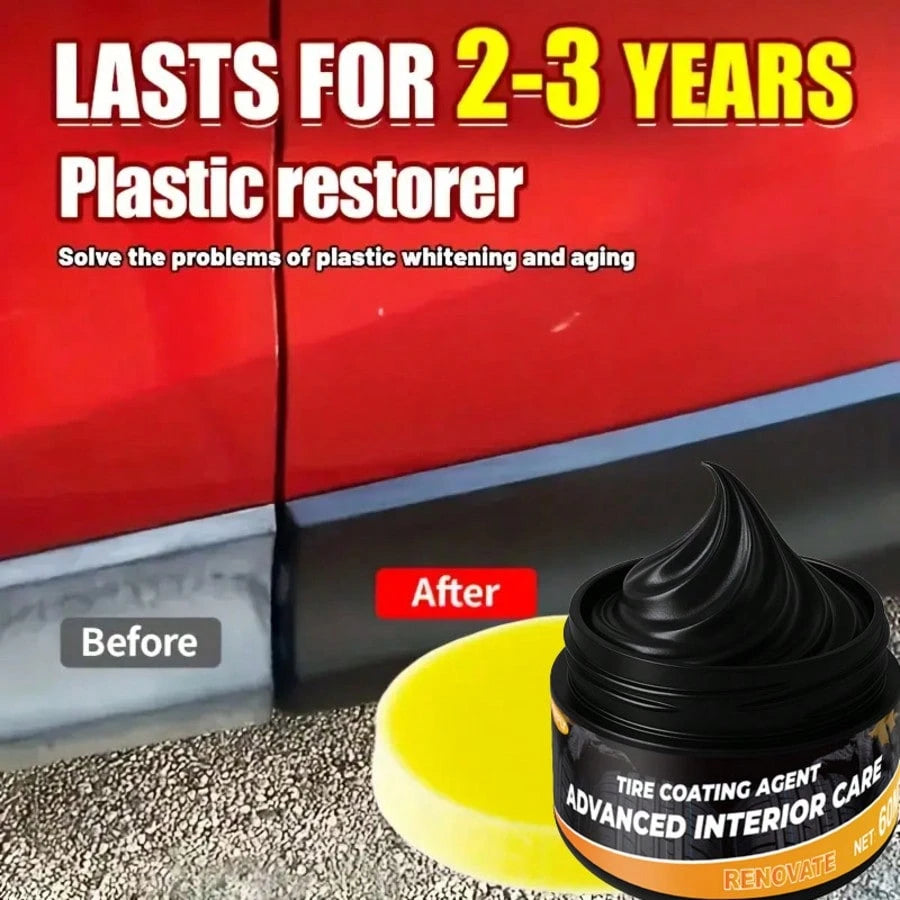 Multifunctional Car Interior & Exterior Repair Wax- Scratch Remover, Plastic Refinishing & Gloss Treatment- Instant Black Glossy Dashboard, Tires, Bodywork- Includes Sponge Brush- Anti-Yellowing