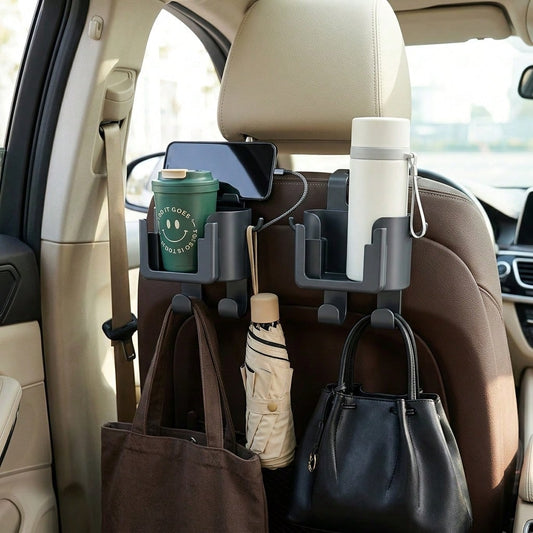 Multifunctional Car Rear Seat Back Hook, Cup Holder, Phone Holder & Interior Storage Accessory