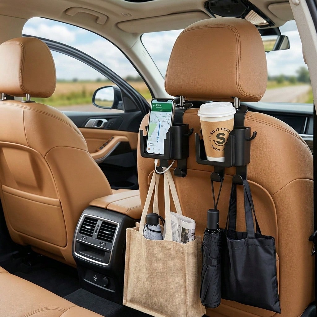 Multifunctional Car Rear Seat Back Hook, Cup Holder, Phone Holder & Interior Storage Accessory
