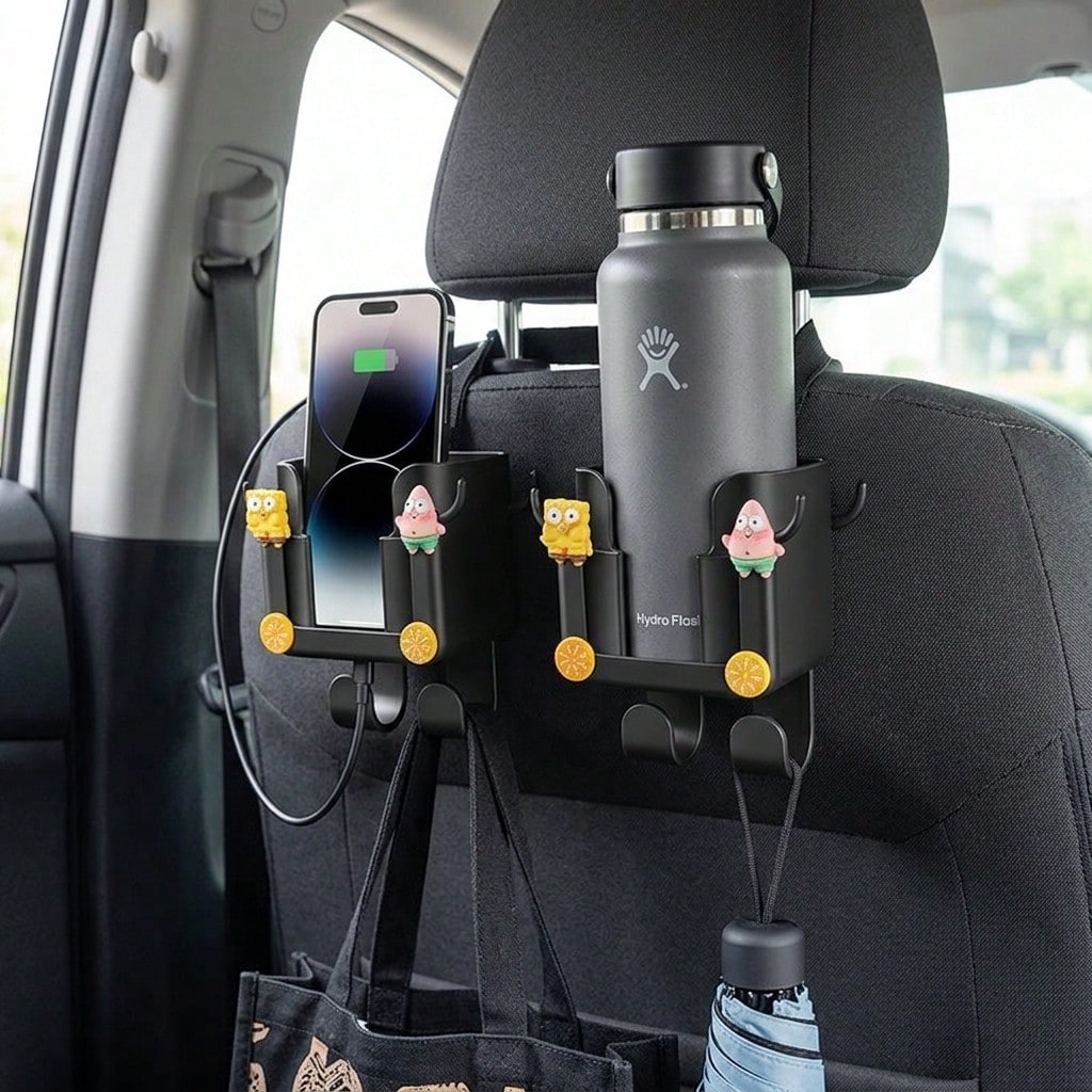 Multifunctional Car Rear Seat Back Hook, Cup Holder, Phone Holder & Interior Storage Accessory