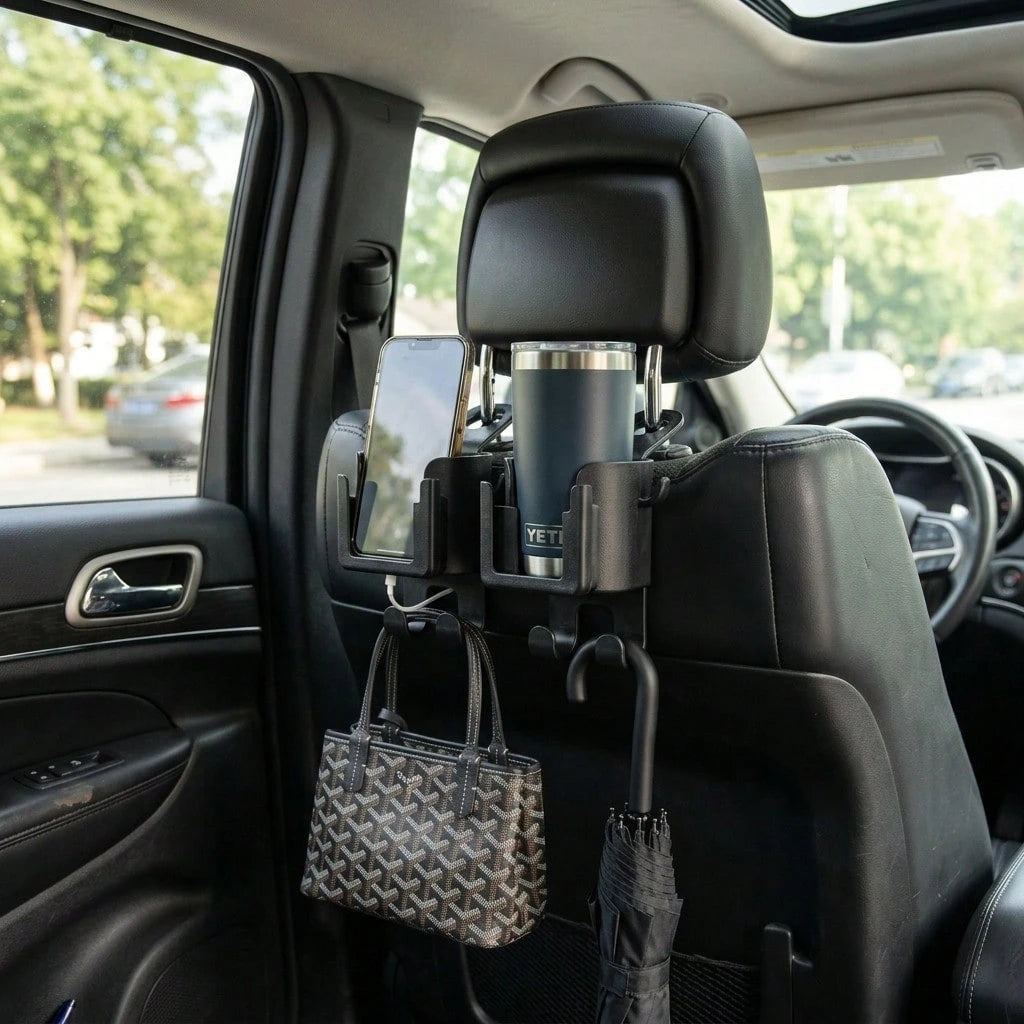 Multifunctional Car Rear Seat Back Hook, Cup Holder, Phone Holder & Interior Storage Accessory