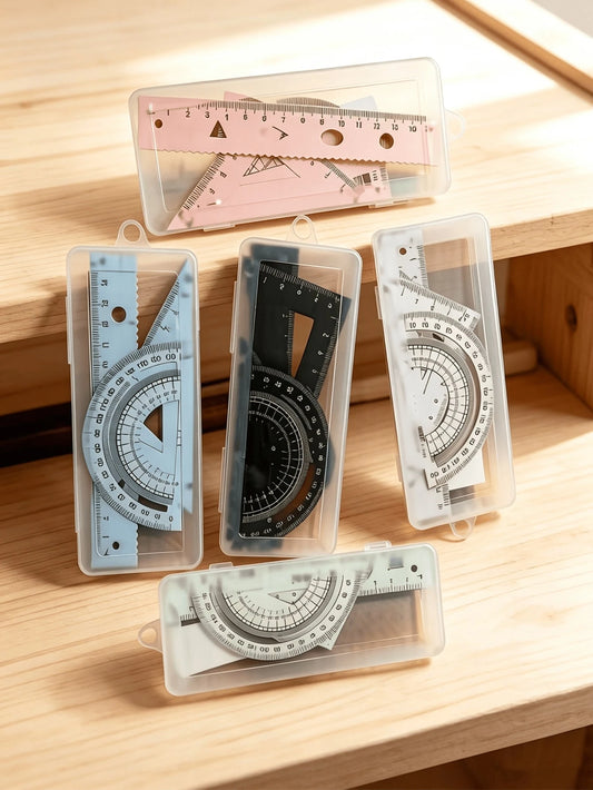 Multifunctional Geometric Ruler Set, Protractor, Triangle Ruler, Straight Ruler, Manual Measurement Drawing Tools With Storage Box, 4 Colors Available: Pink, Mint Green, Light Blue, Taro Purple, For S