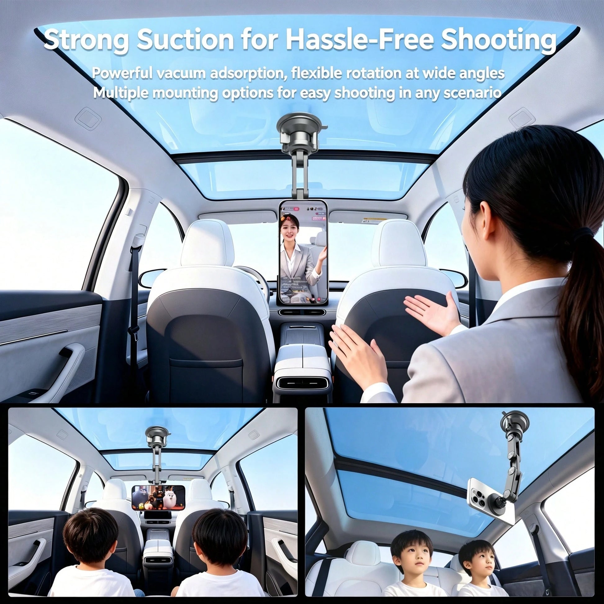 Multifunctional Metal Vacuum Suction Phone Mount, 360° Adjustable Overhead Shooting Holder, Glue-Free Damage-Free Install. AR Damping Shaft For One-Hand Adjustment, Stable On Bumpy Roads, For Navigati