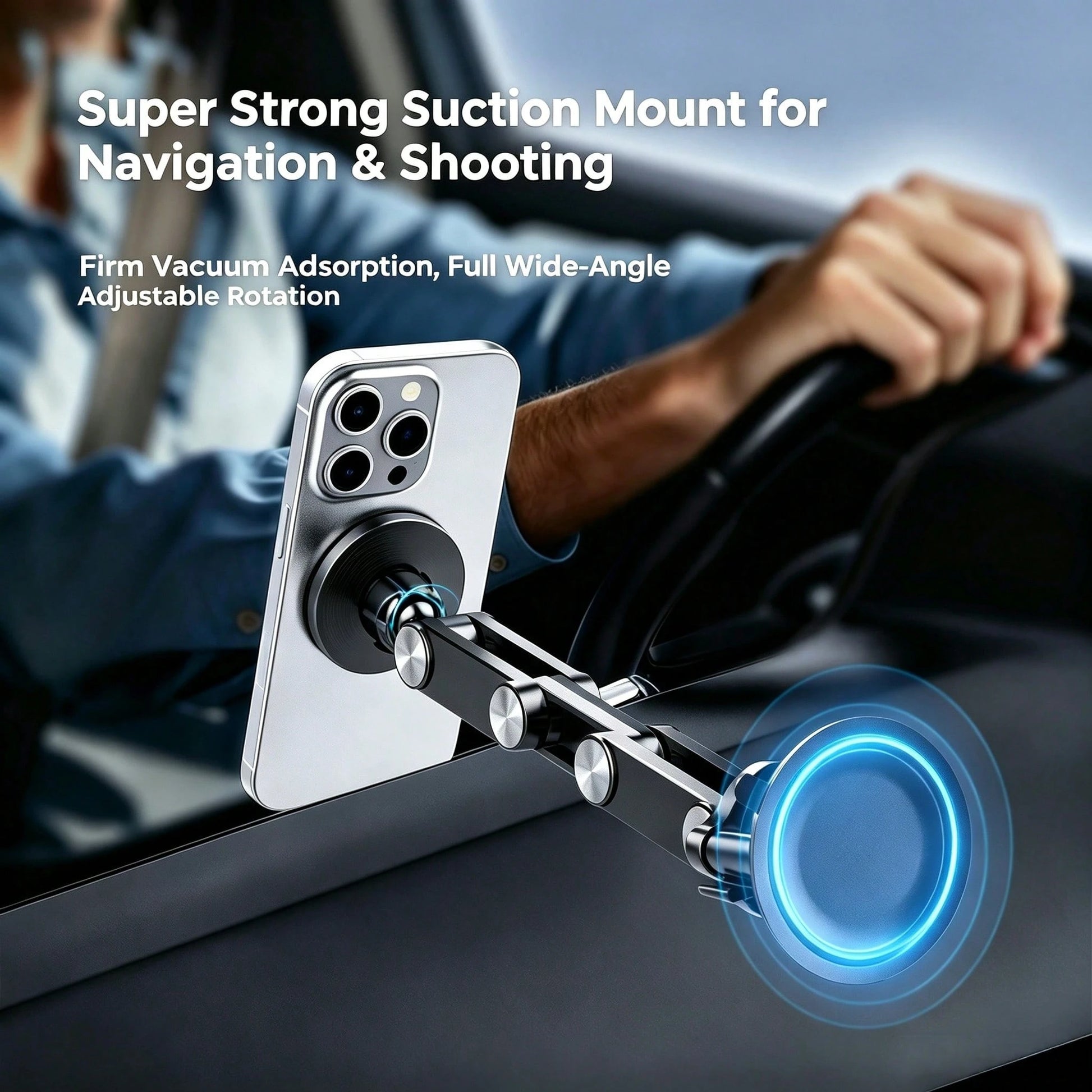 Multifunctional Metal Vacuum Suction Phone Mount, 360° Adjustable Overhead Shooting Holder, Glue-Free Damage-Free Install. AR Damping Shaft For One-Hand Adjustment, Stable On Bumpy Roads, For Navigati