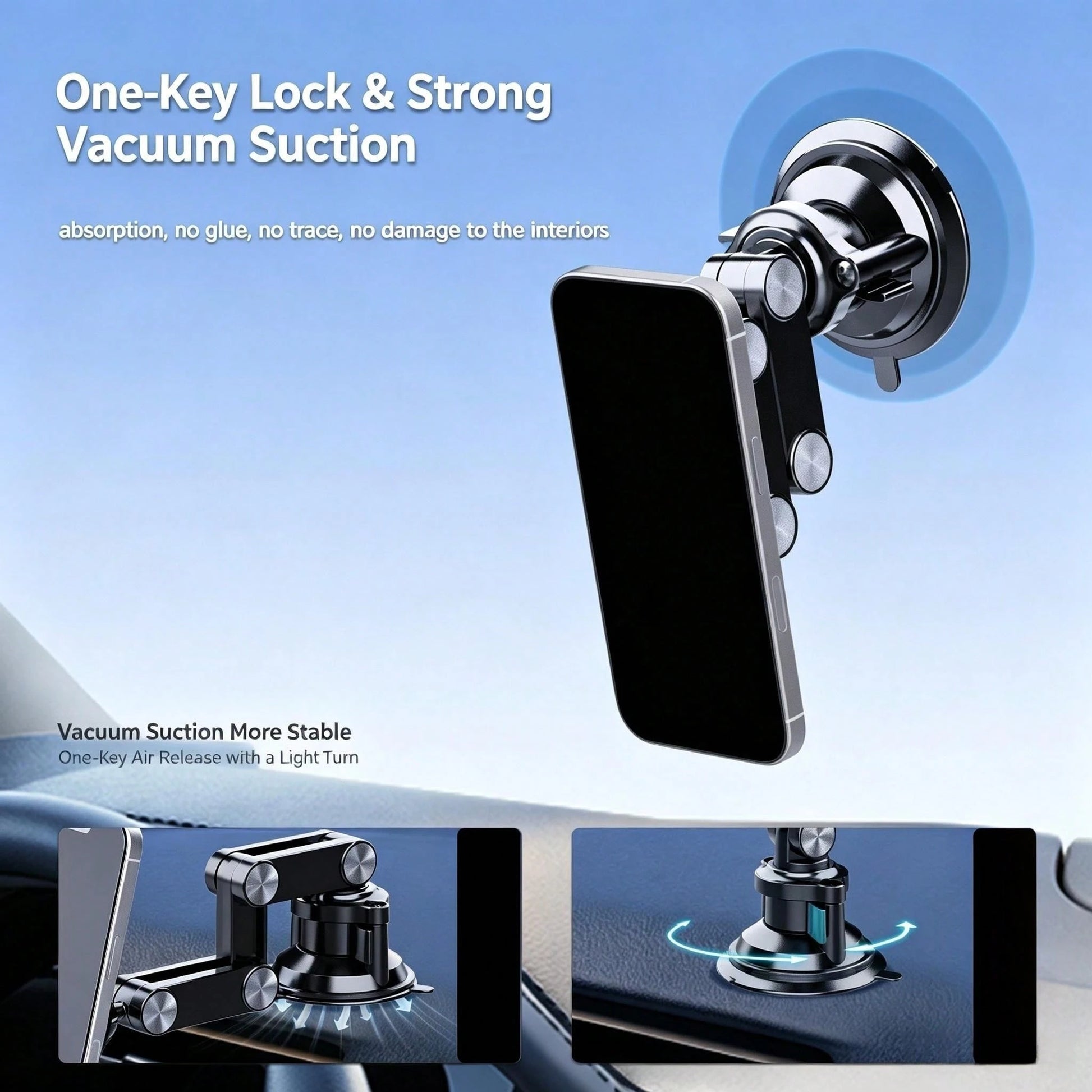 Multifunctional Metal Vacuum Suction Phone Mount, 360° Adjustable Overhead Shooting Holder, Glue-Free Damage-Free Install. AR Damping Shaft For One-Hand Adjustment, Stable On Bumpy Roads, For Navigati