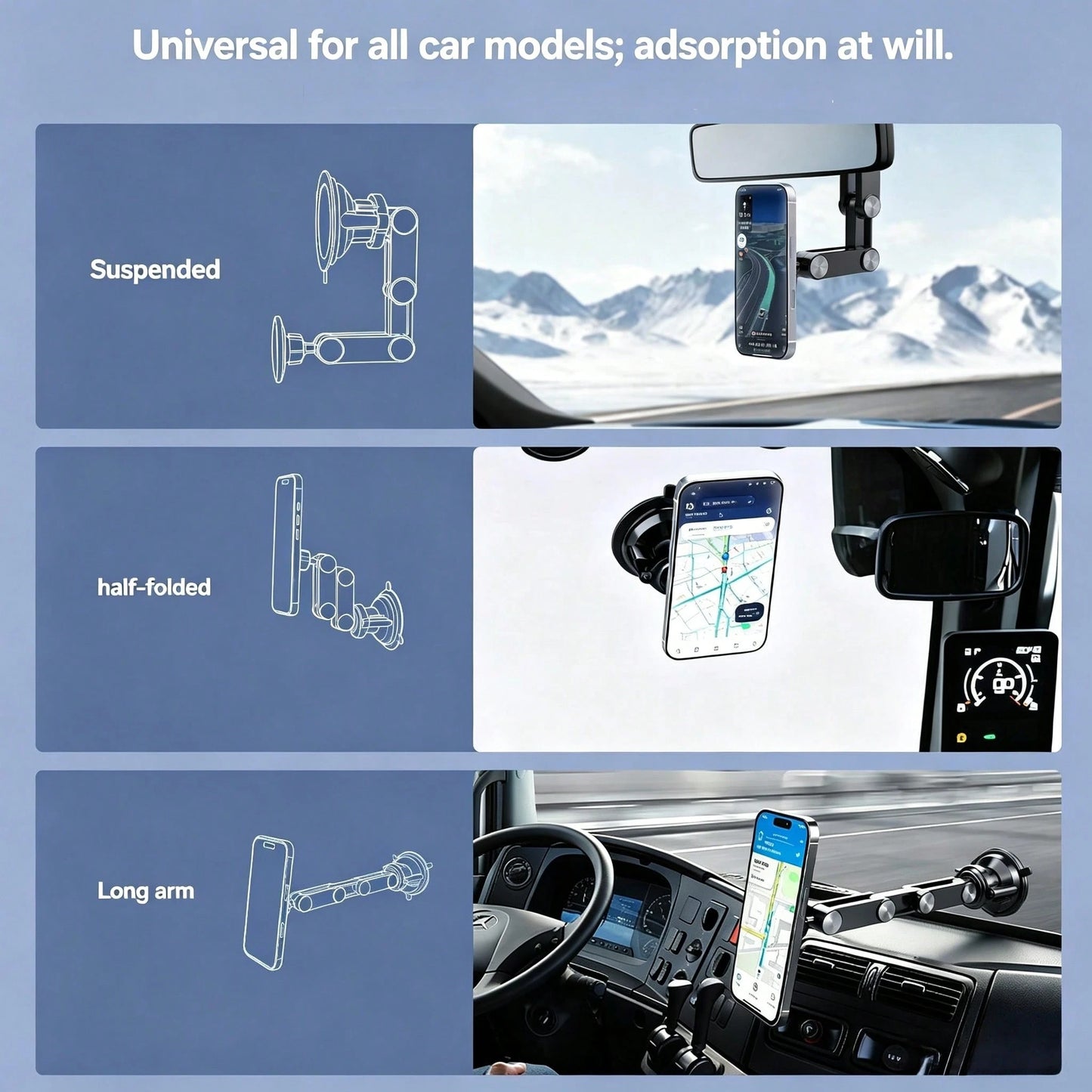 Multifunctional Metal Vacuum Suction Phone Mount, 360° Adjustable Overhead Shooting Holder, Glue-Free Damage-Free Install. AR Damping Shaft For One-Hand Adjustment, Stable On Bumpy Roads, For Navigati