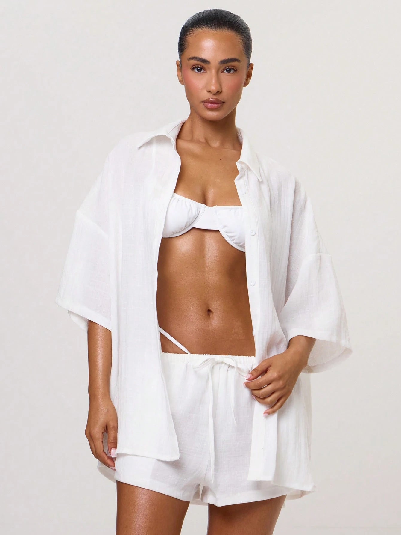 Musera Resort Oversized Linen 3/4 Sleeve Shirt Cover Up Swim Vacation Holiday Summer Travel Beachwear Basics Hen Do Bridal Bachelorette Solid Colour Resort Core