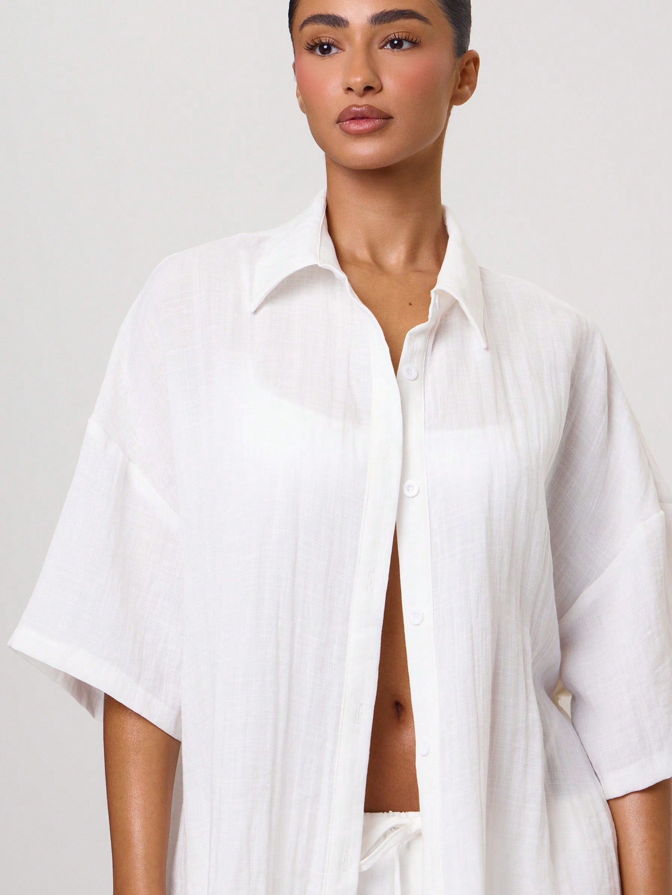 Musera Resort Oversized Linen 3/4 Sleeve Shirt Cover Up Swim Vacation Holiday Summer Travel Beachwear Basics Hen Do Bridal Bachelorette Solid Colour Resort Core