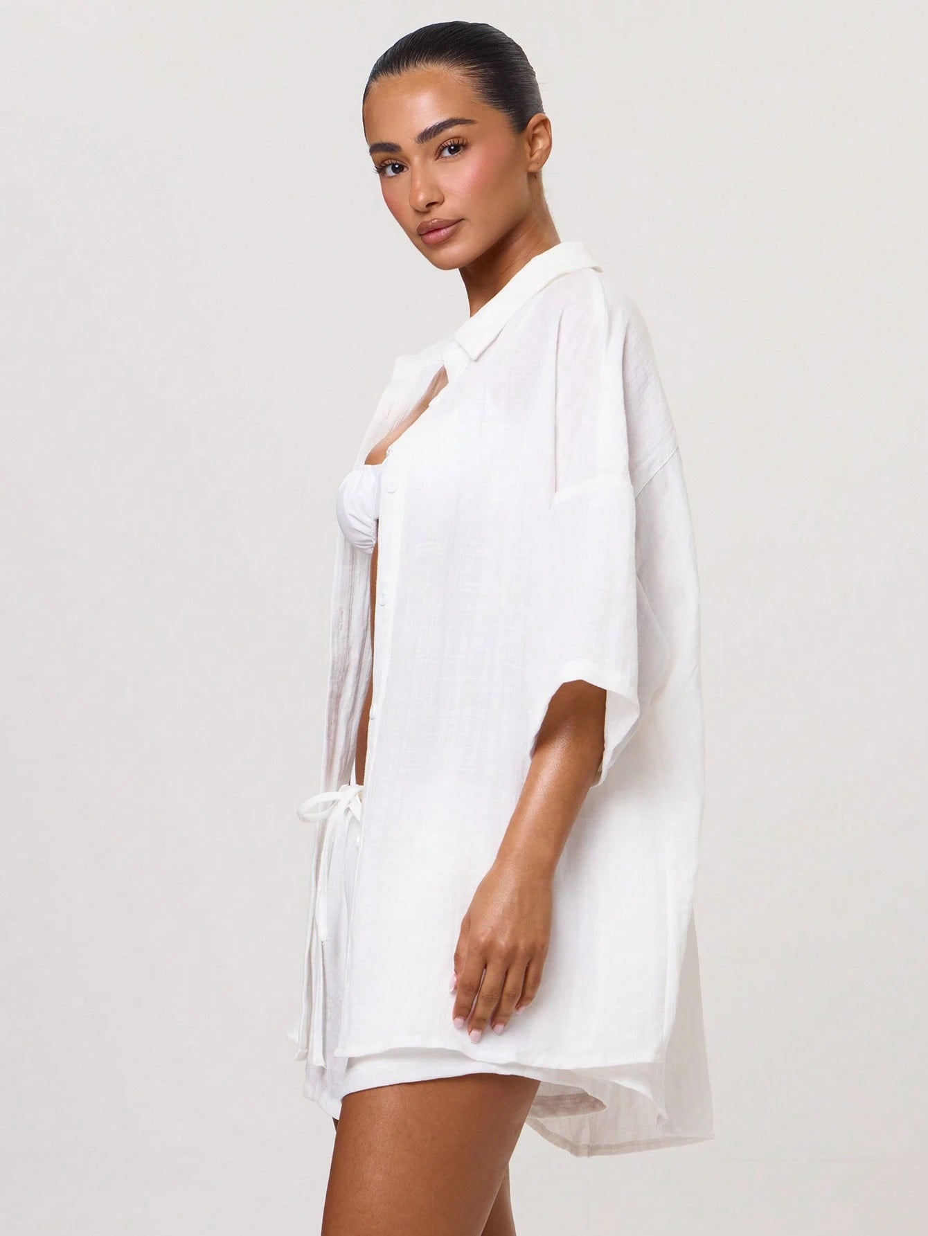Musera Resort Oversized Linen 3/4 Sleeve Shirt Cover Up Swim Vacation Holiday Summer Travel Beachwear Basics Hen Do Bridal Bachelorette Solid Colour Resort Core