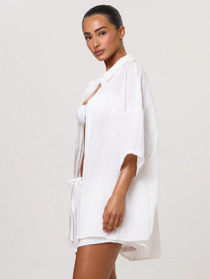 Musera Resort Oversized Linen 3/4 Sleeve Shirt Cover Up Swim Vacation Holiday Summer Travel Beachwear Basics Hen Do Bridal Bachelorette Solid Colour Resort Core