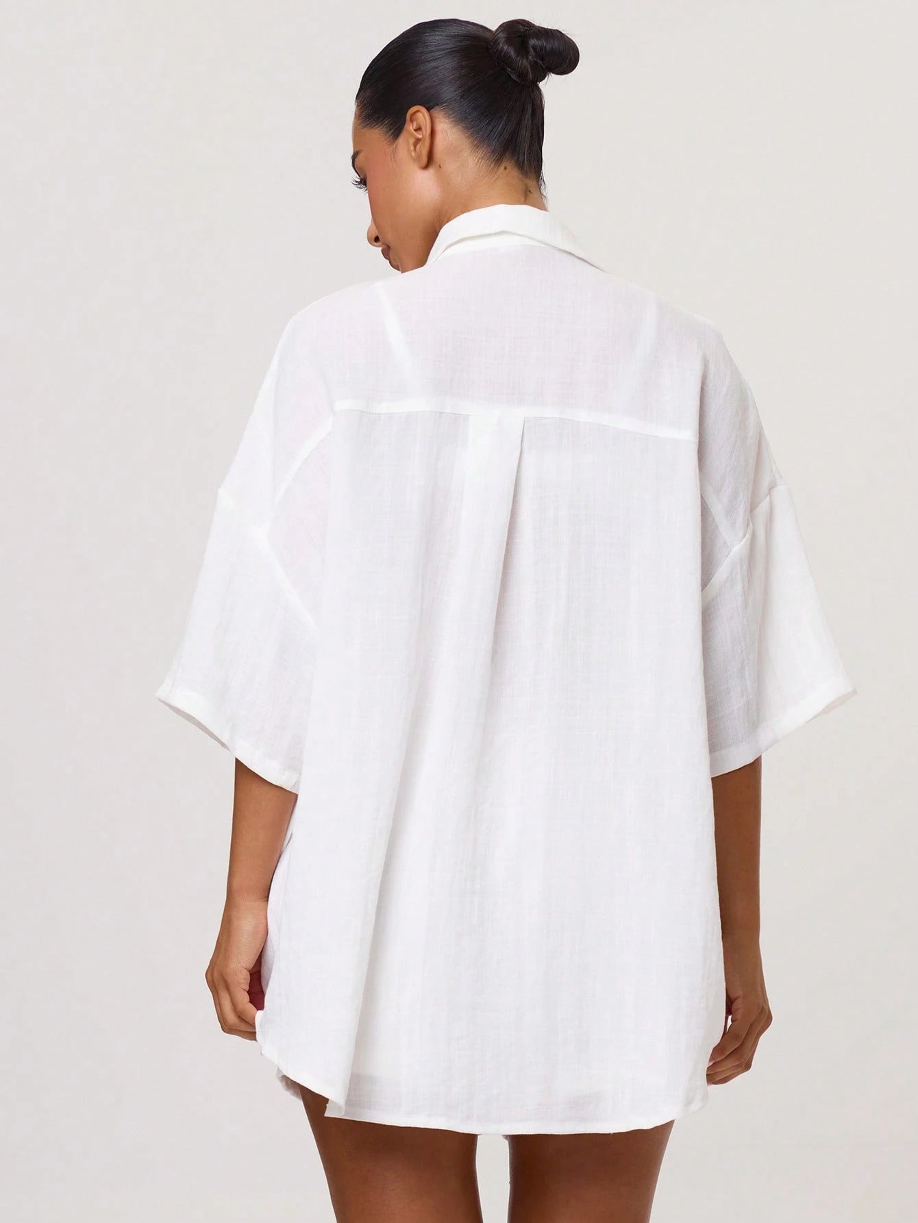 Musera Resort Oversized Linen 3/4 Sleeve Shirt Cover Up Swim Vacation Holiday Summer Travel Beachwear Basics Hen Do Bridal Bachelorette Solid Colour Resort Core