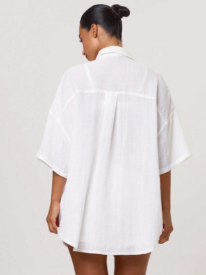 Musera Resort Oversized Linen 3/4 Sleeve Shirt Cover Up Swim Vacation Holiday Summer Travel Beachwear Basics Hen Do Bridal Bachelorette Solid Colour Resort Core